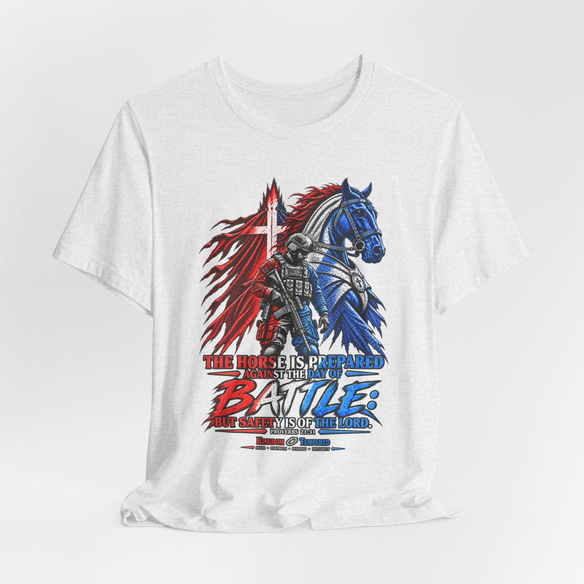 Battle Knight Tee — Patriotic Red & Blue Knight Horse Graphic T-Shirt