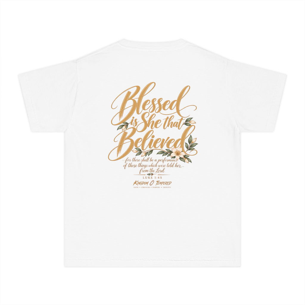 Youth Tee — "Blessed Is She That Believed" Inspirational Christian Kids Shirt