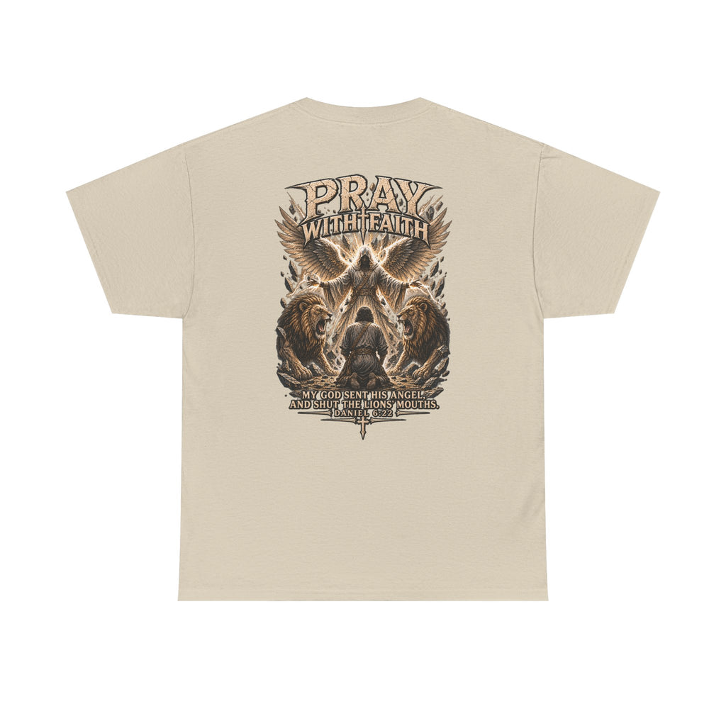 Pray With Faith Tee — Lion & Cross Christian Graphic T-Shirt