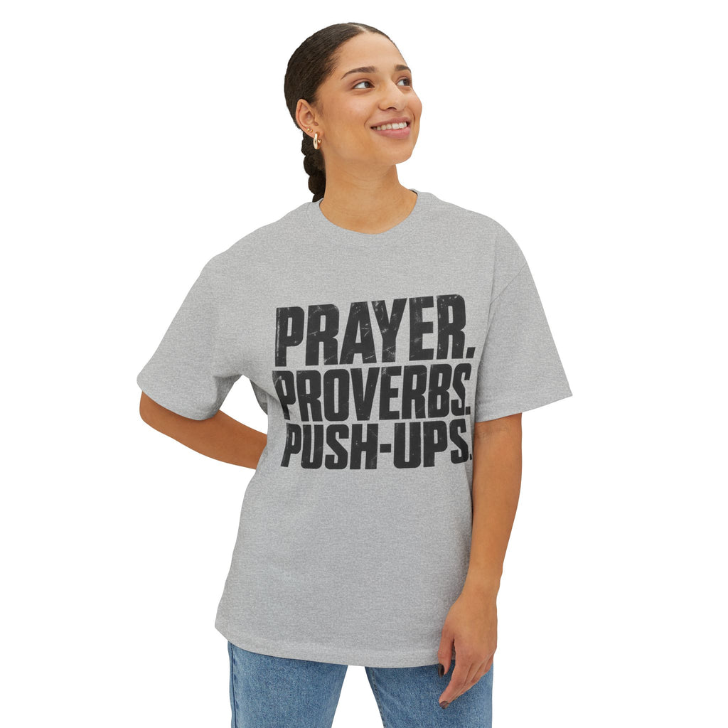 Prayer. Proverbs. Push-Ups. Oversized boxy Tee — Christian Faith & Fitness Graphic T-Shirt