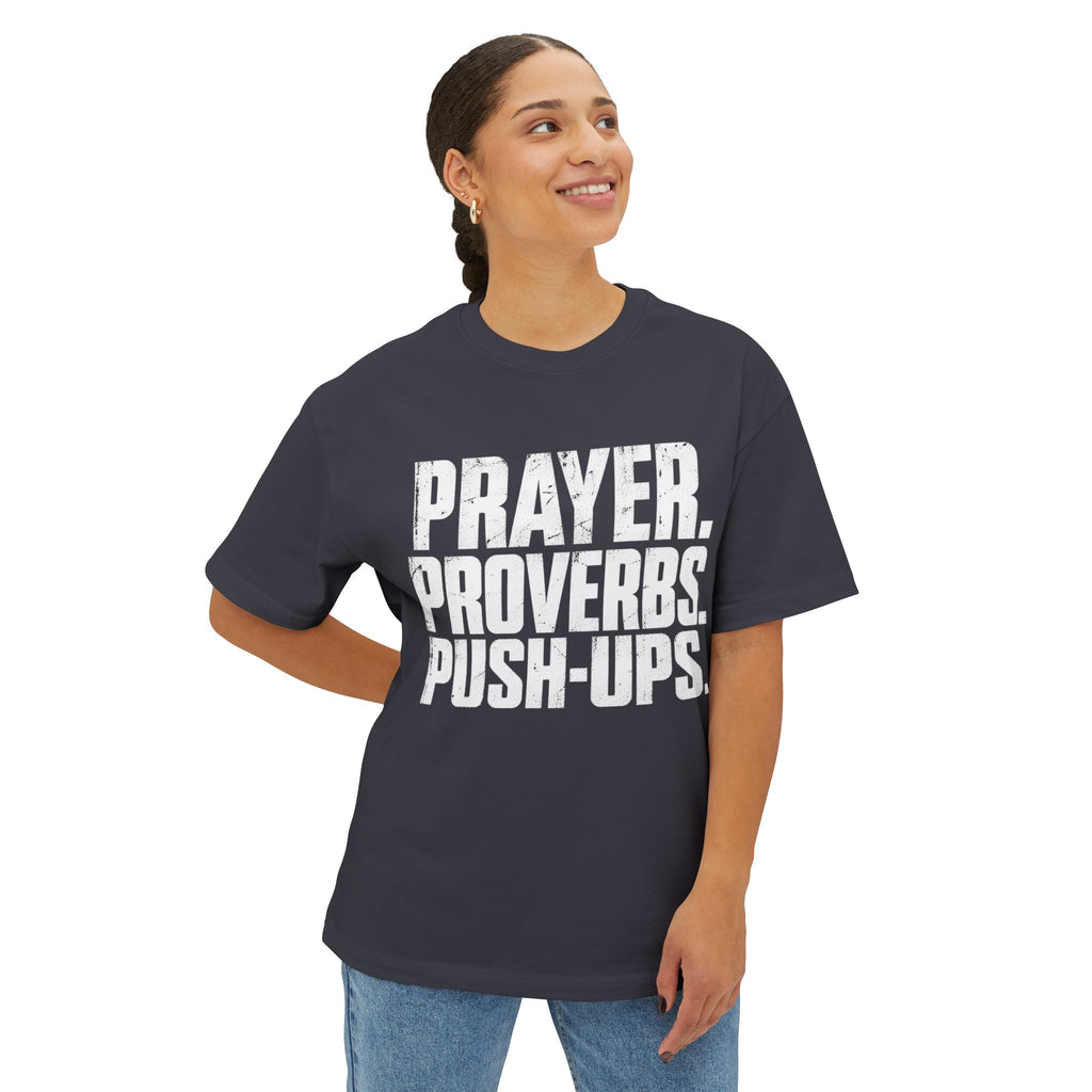Prayer. Proverbs. Push-Ups. Oversized boxy Tee — Christian Faith & Fitness Graphic T-Shirt