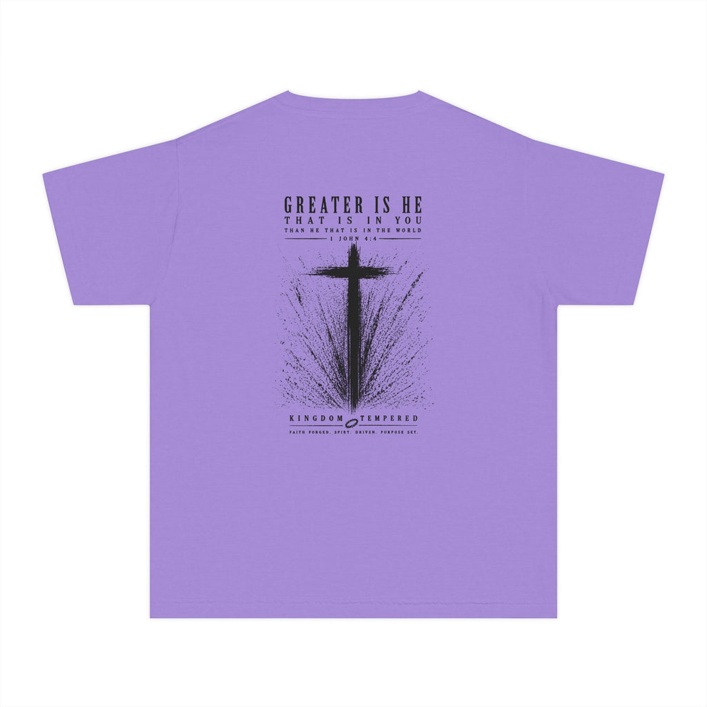 Youth Christian Cross Tee — "Greater Is He" Inspirational Church Shirt
