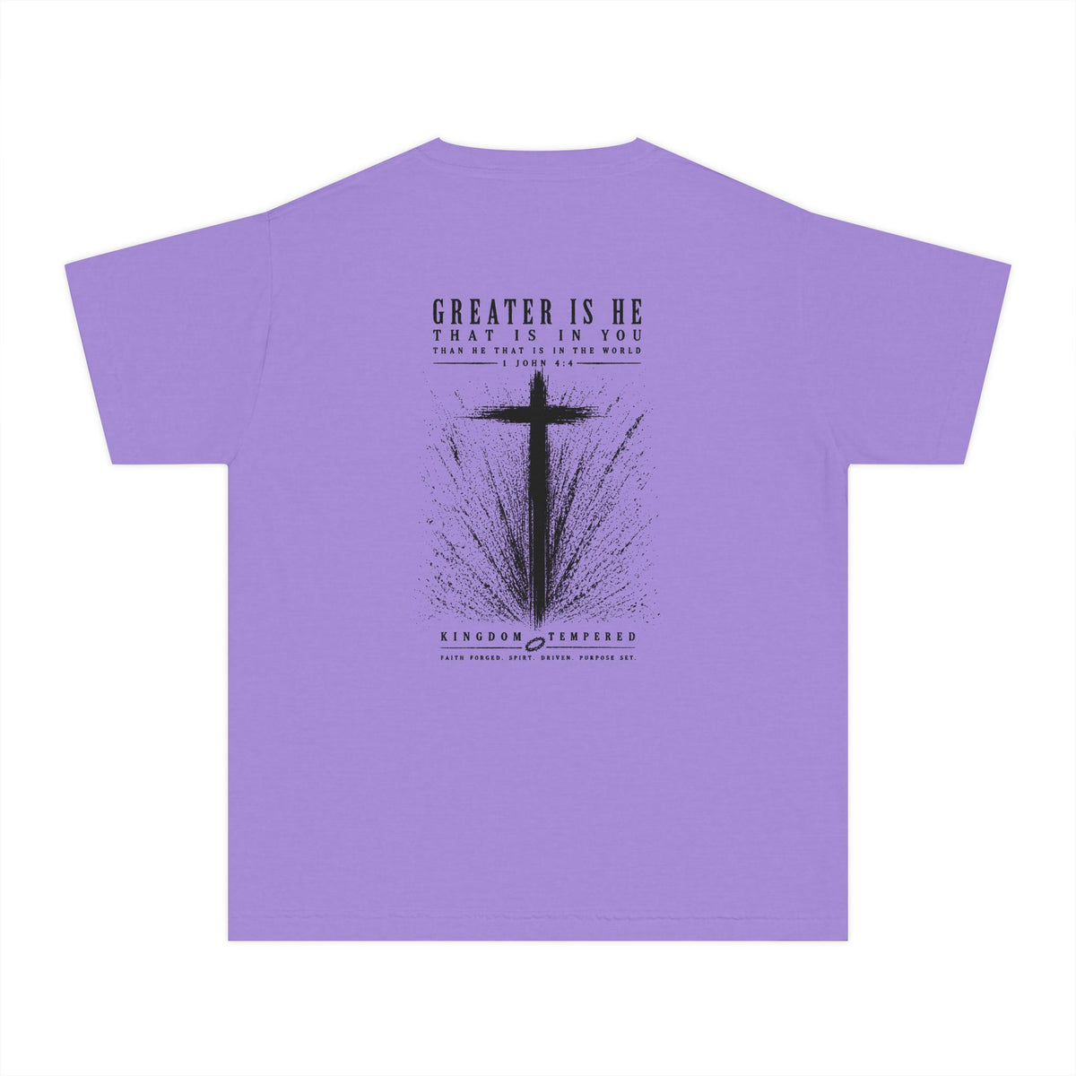 Youth Christian Cross Tee — "Greater Is He" Inspirational Church Shirt