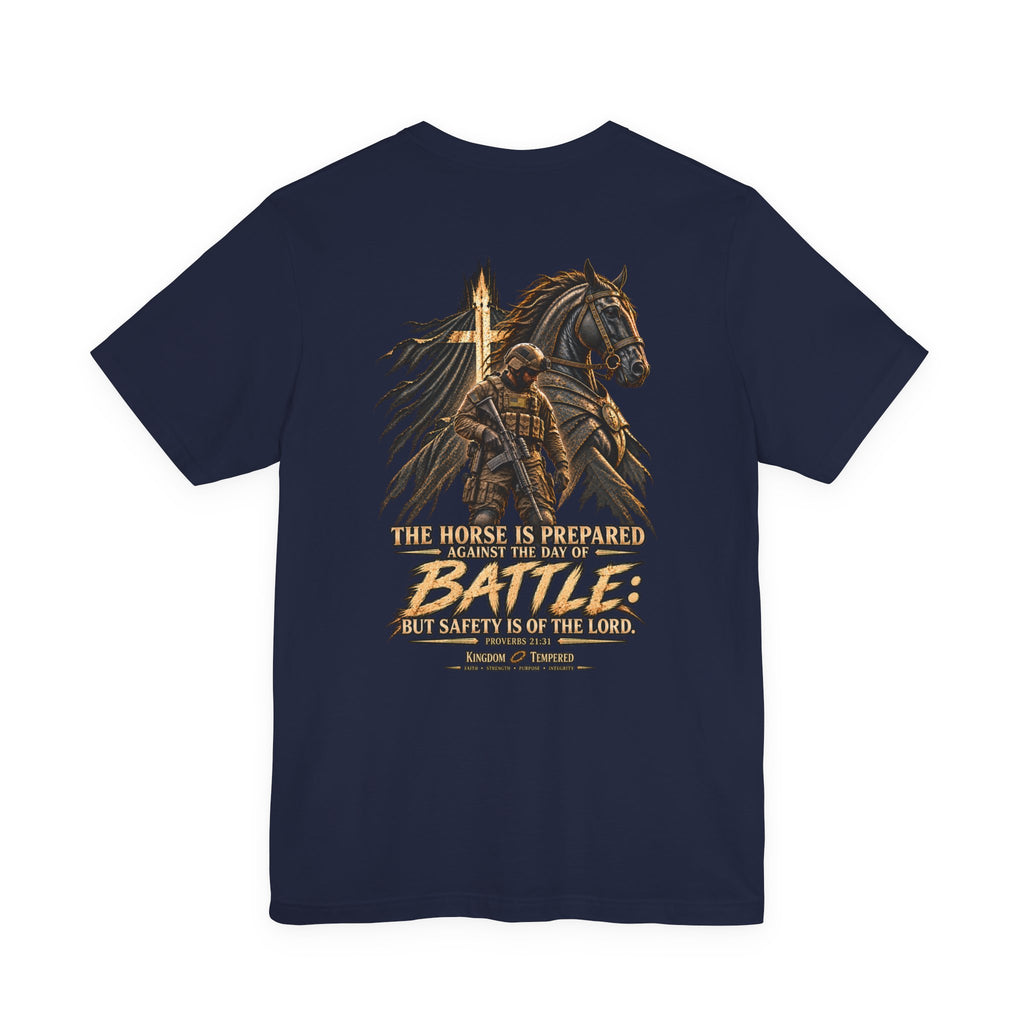 Battle-Ready Knight T-Shirt — 'The Horse Is Prepared for Battle' Christian Warrior Tee
