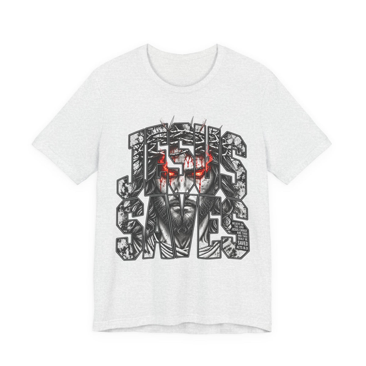 Jesus Saves Graphic Tee — Gothic Jesus Face Typography T-Shirt