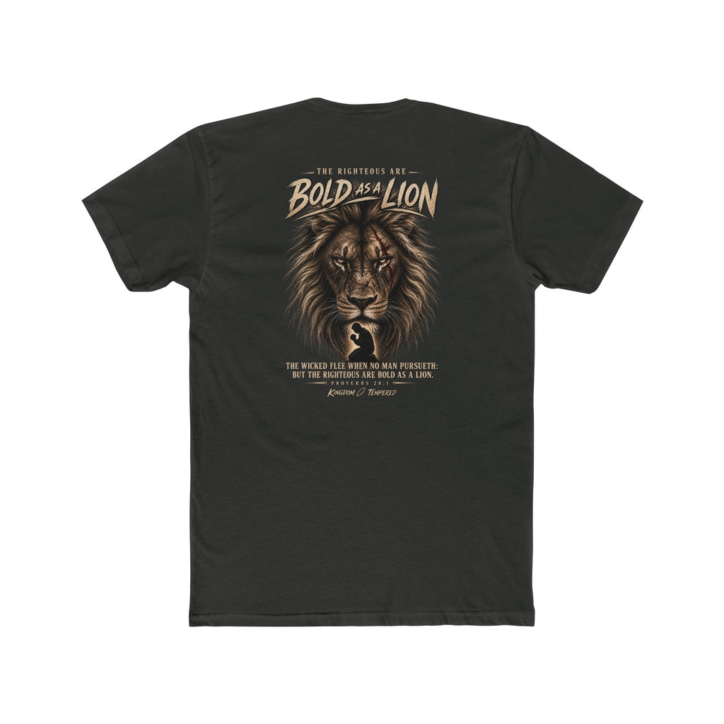 Lion Graphic Tee — "Bold as a Lion" Inspirational Christian Tee (Kingdom-Tempered) — Proverbs 28:1
