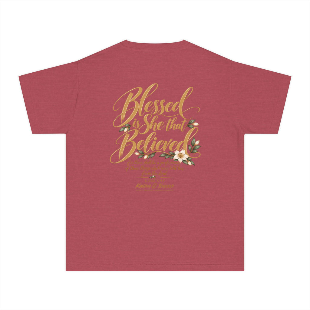 Youth Tee — "Blessed Is She That Believed" Inspirational Christian Kids Shirt
