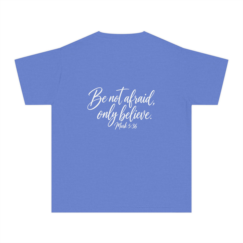 Faith Over Fear Youth Tee White lettering — Inspirational Christian Kids T‑Shirt (Be Not Afraid, Only Believe)