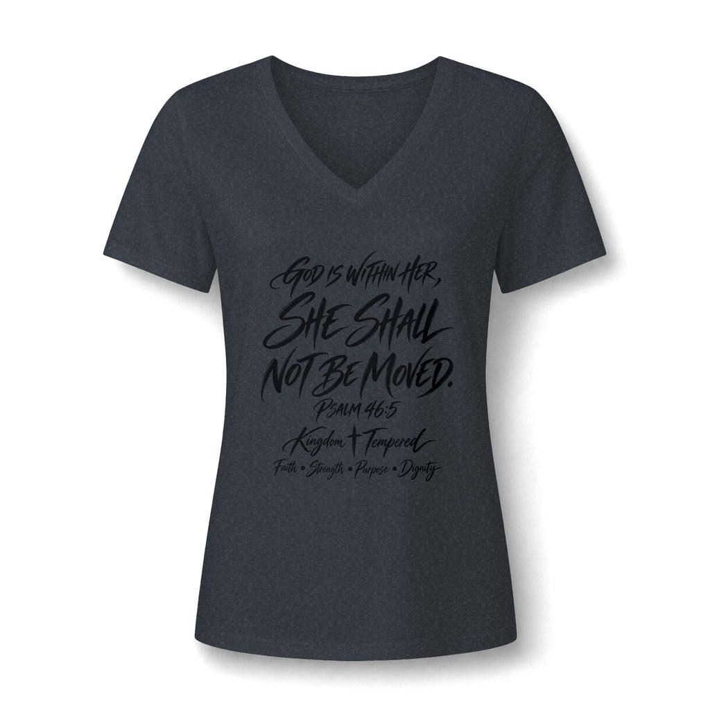V-Neck Tee — "She Shall Not Be Moved" Inspirational Christian Scripture Shirt