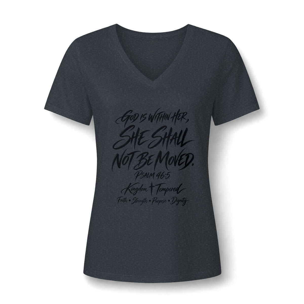 V-Neck Tee — "She Shall Not Be Moved" Inspirational Christian Scripture Shirt