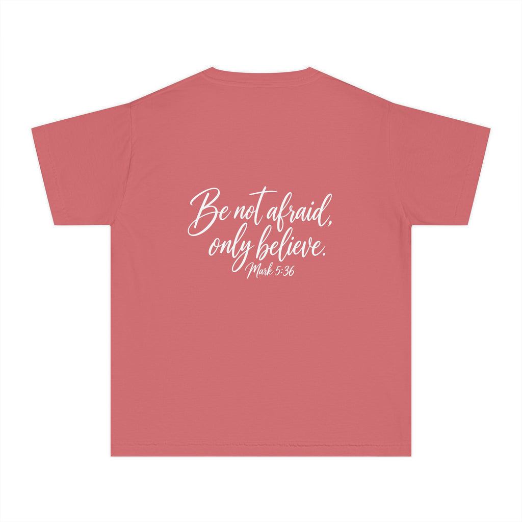 Faith Over Fear Youth Tee White lettering — Inspirational Christian Kids T‑Shirt (Be Not Afraid, Only Believe)