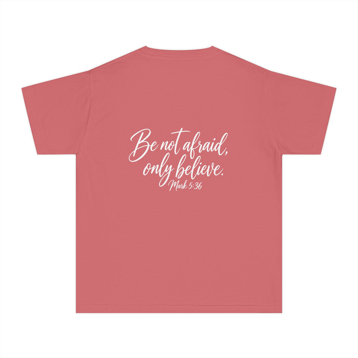 Faith Over Fear Youth Tee White lettering — Inspirational Christian Kids T‑Shirt (Be Not Afraid, Only Believe)