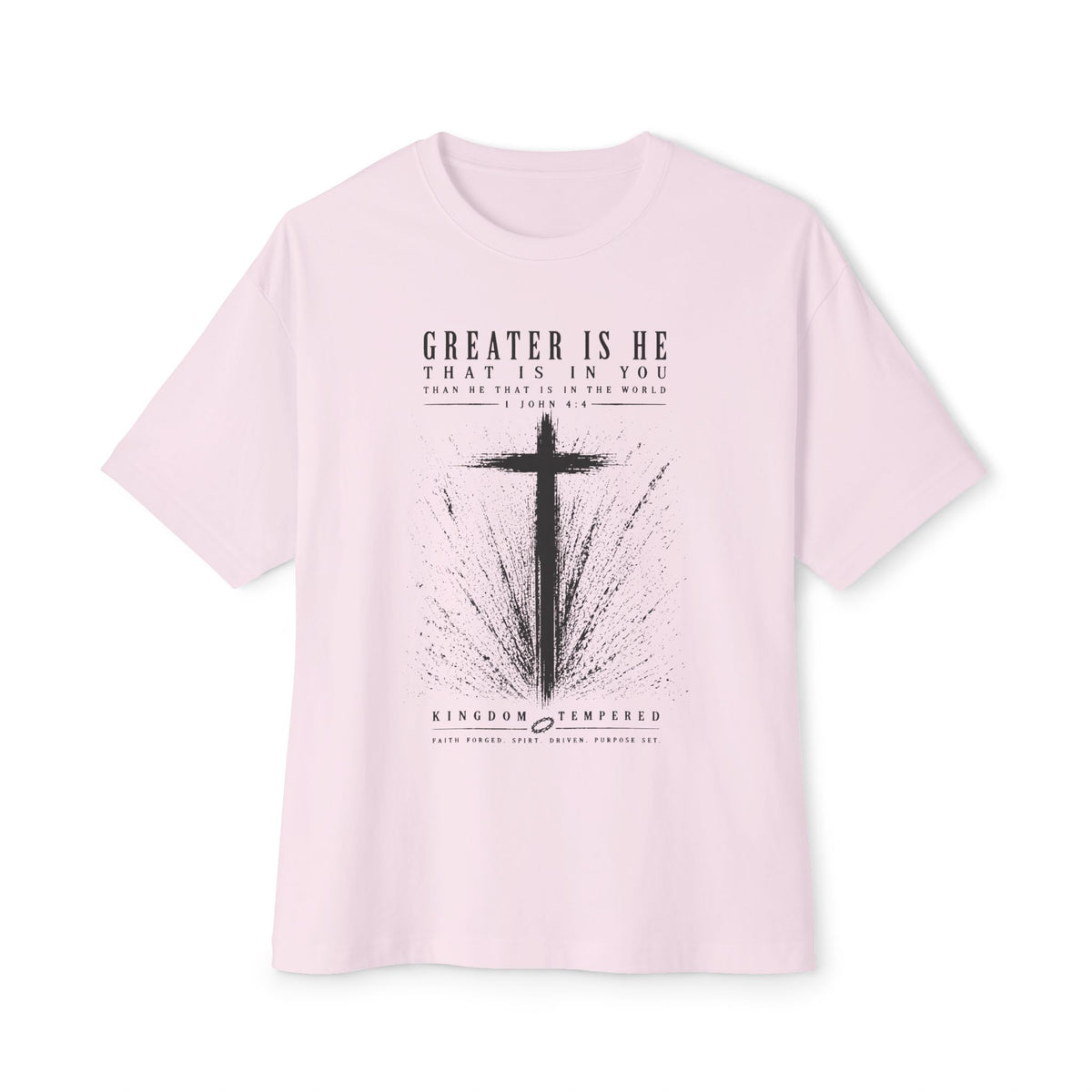 Christian Cross Tee — “Greater Is He” Inspirational Faith T-Shirt