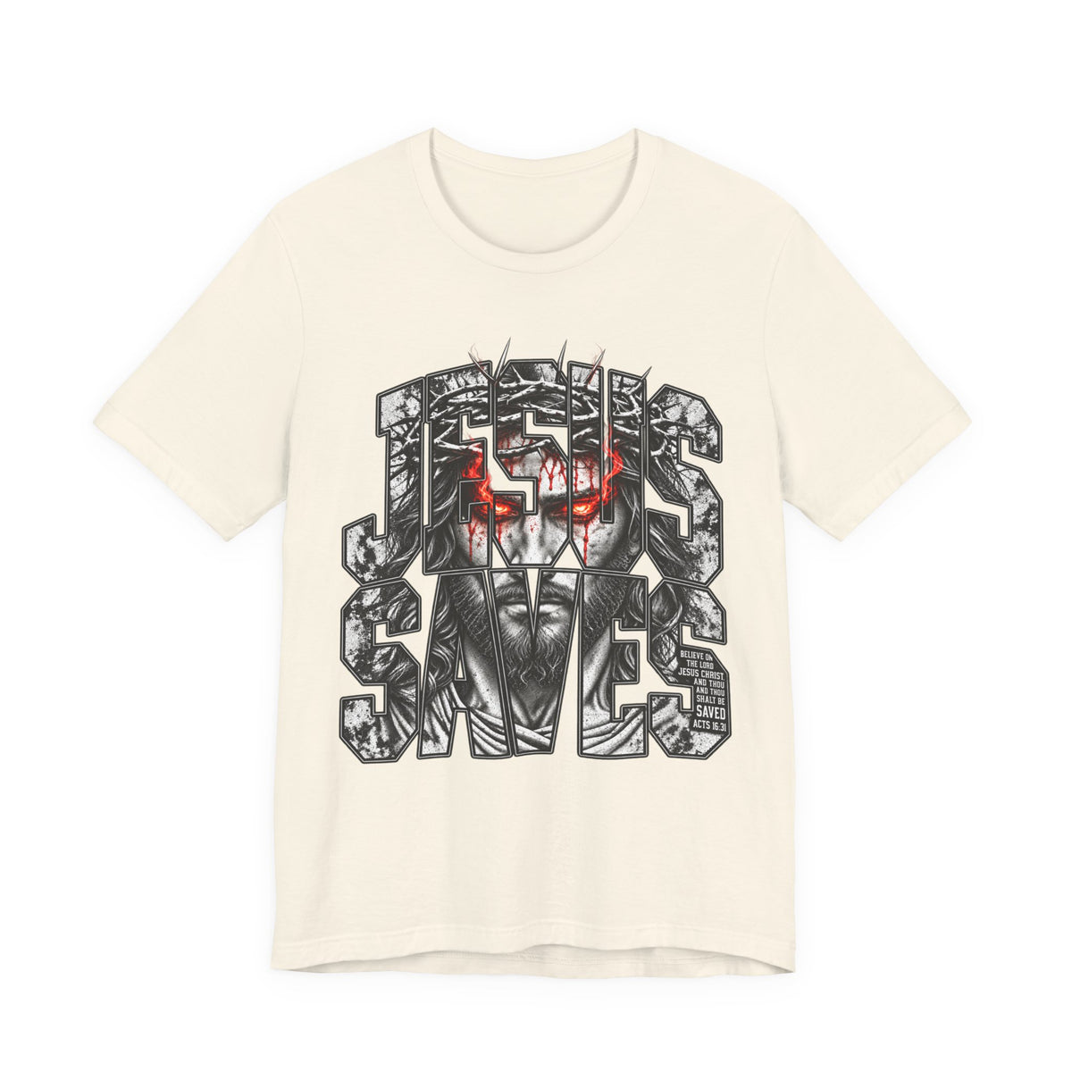 Jesus Saves Graphic Tee — Gothic Jesus Face Typography T-Shirt