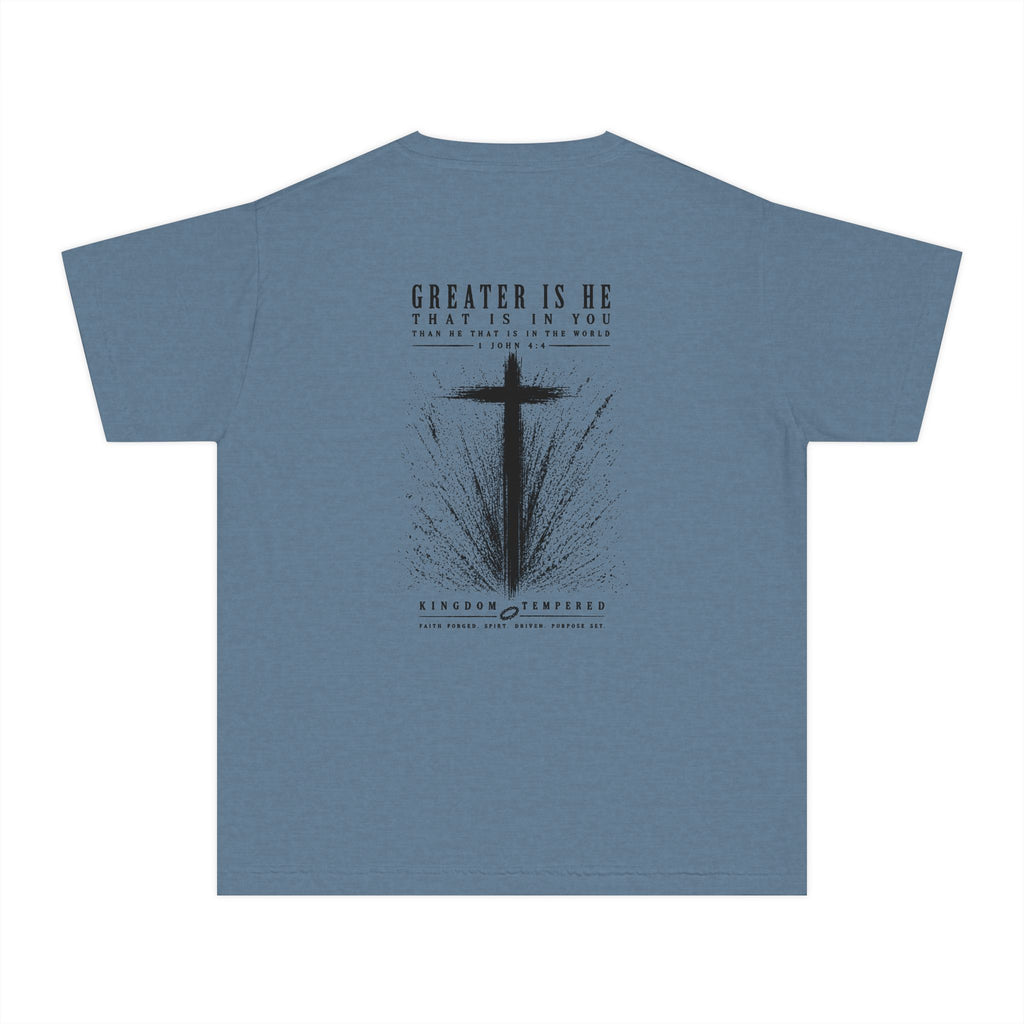 Youth Christian Cross Tee — "Greater Is He" Inspirational Church Shirt