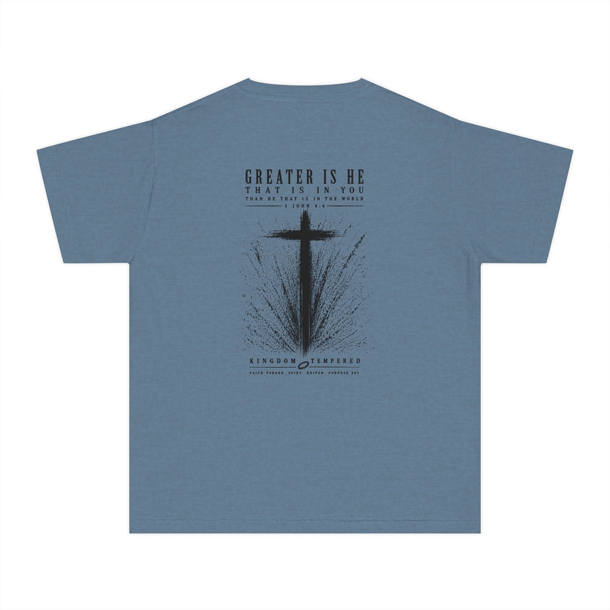 Youth Christian Cross Tee — "Greater Is He" Inspirational Church Shirt