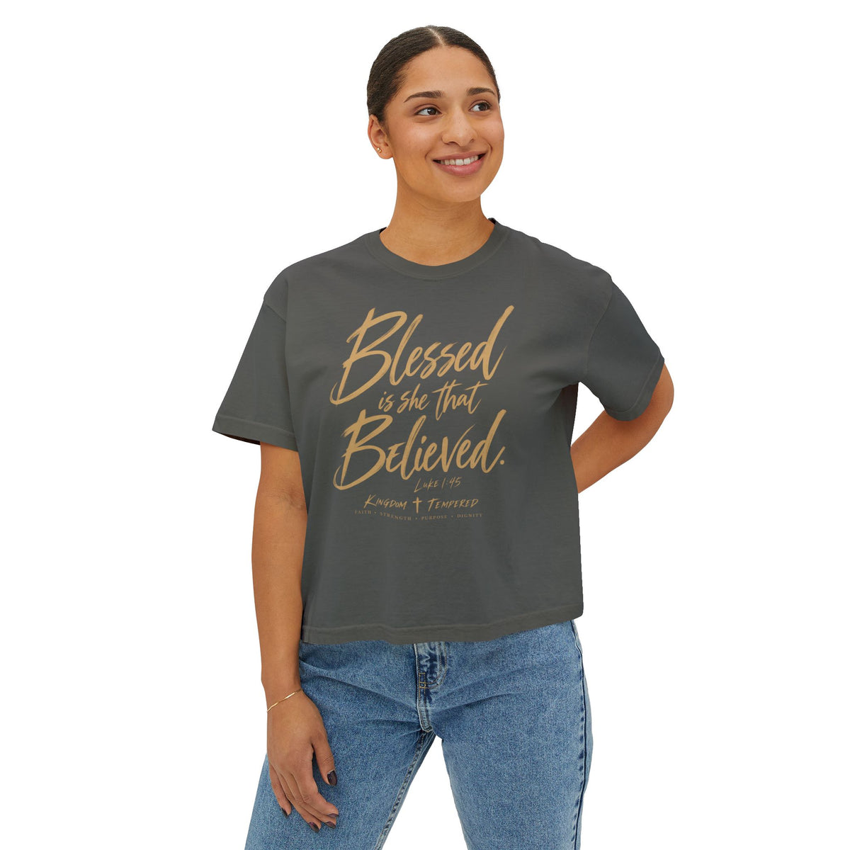 Blessed Is She Boxy Tee - Christian Faith Scripture Graphic