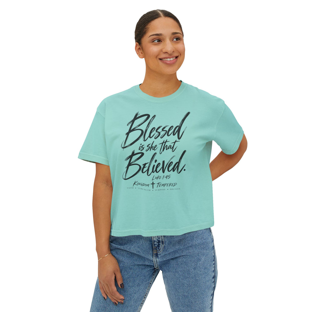 Blessed Is She That Believed Boxy Tee — Christian Scripture Women’s Crop Shirt