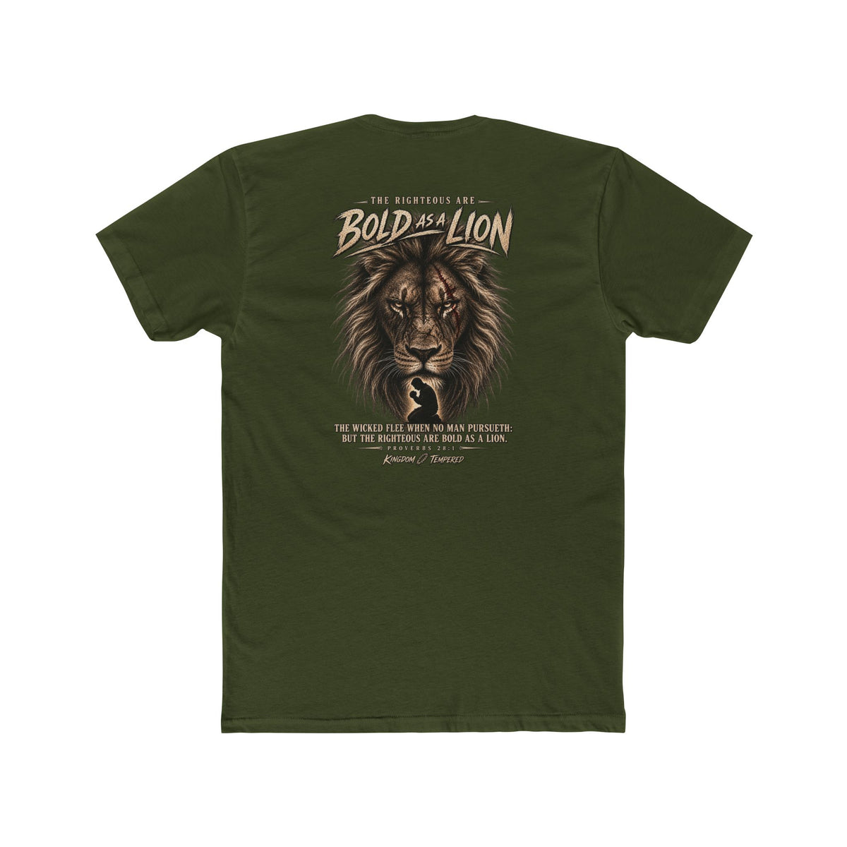 Lion Graphic Tee — "Bold as a Lion" Inspirational Christian Tee (Kingdom-Tempered) — Proverbs 28:1