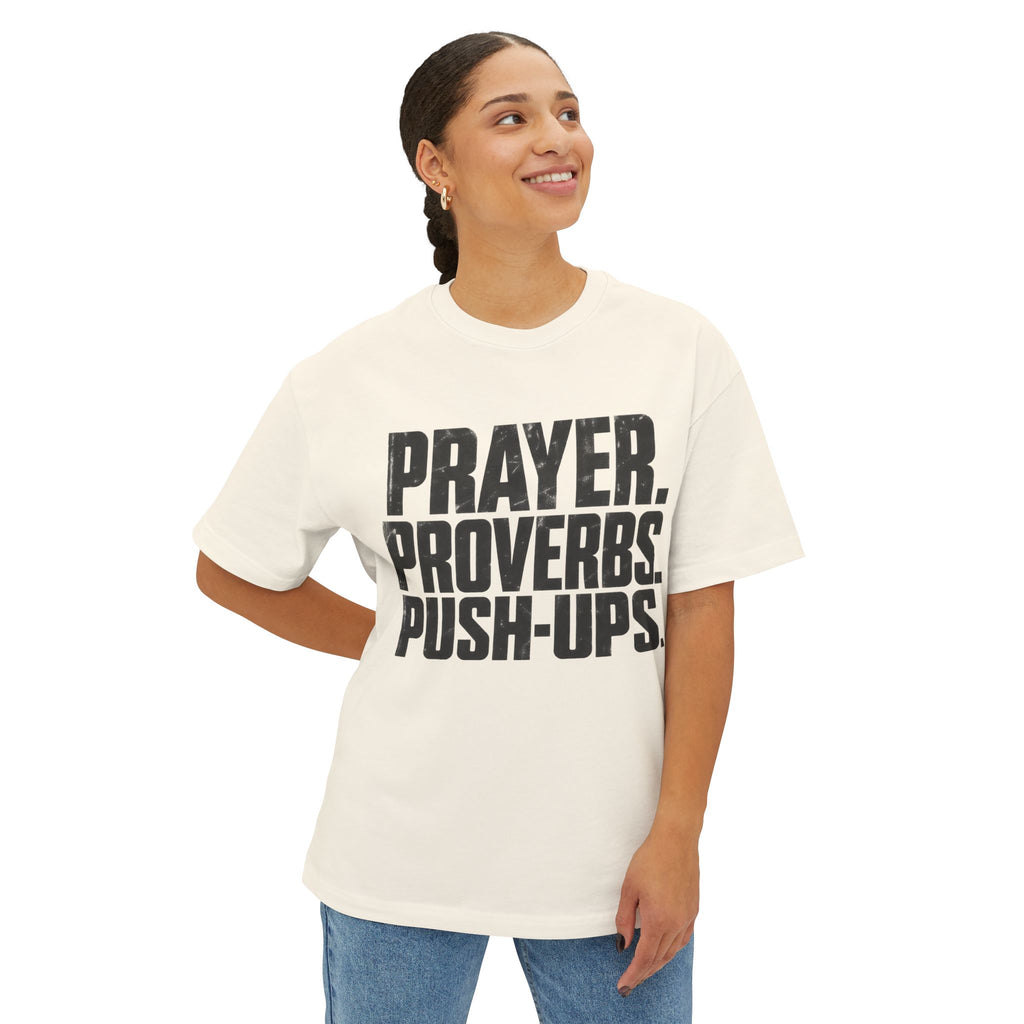 Prayer. Proverbs. Push-Ups. Oversized boxy Tee — Christian Faith & Fitness Graphic T-Shirt
