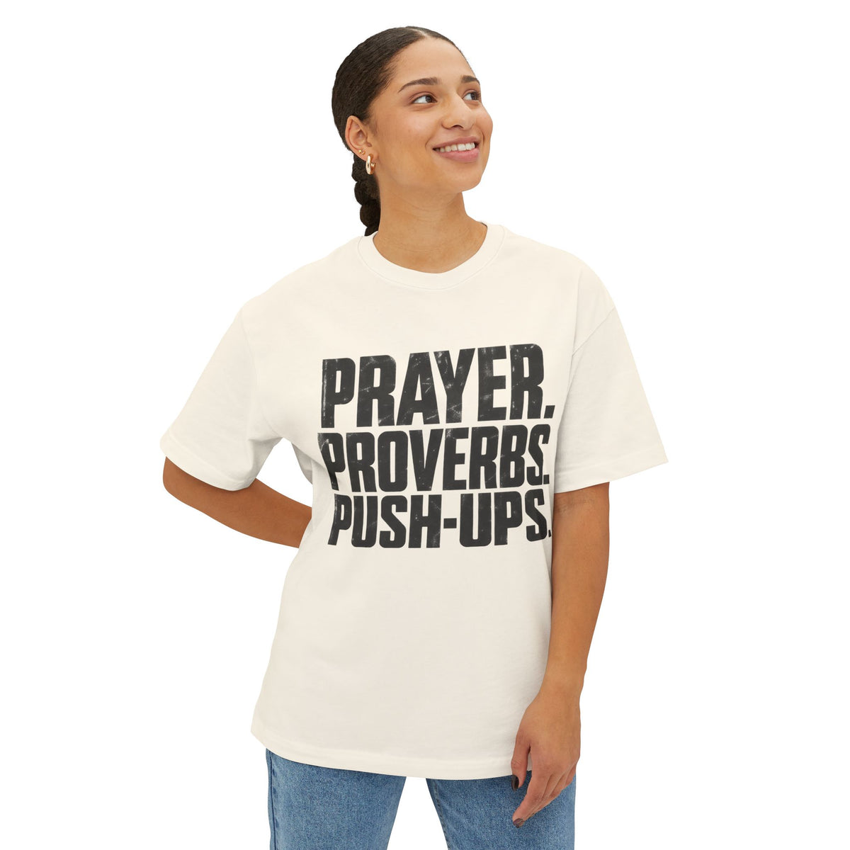 Prayer. Proverbs. Push-Ups. Oversized boxy Tee — Christian Faith & Fitness Graphic T-Shirt