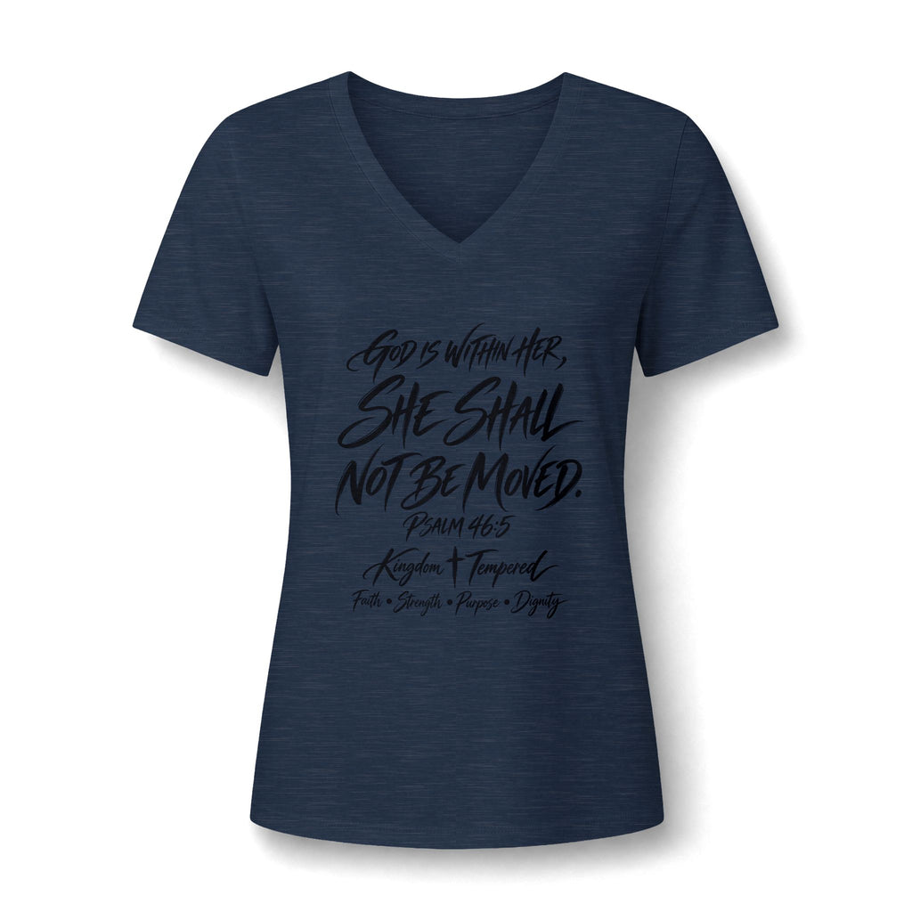 V-Neck Tee — "She Shall Not Be Moved" Inspirational Christian Scripture Shirt