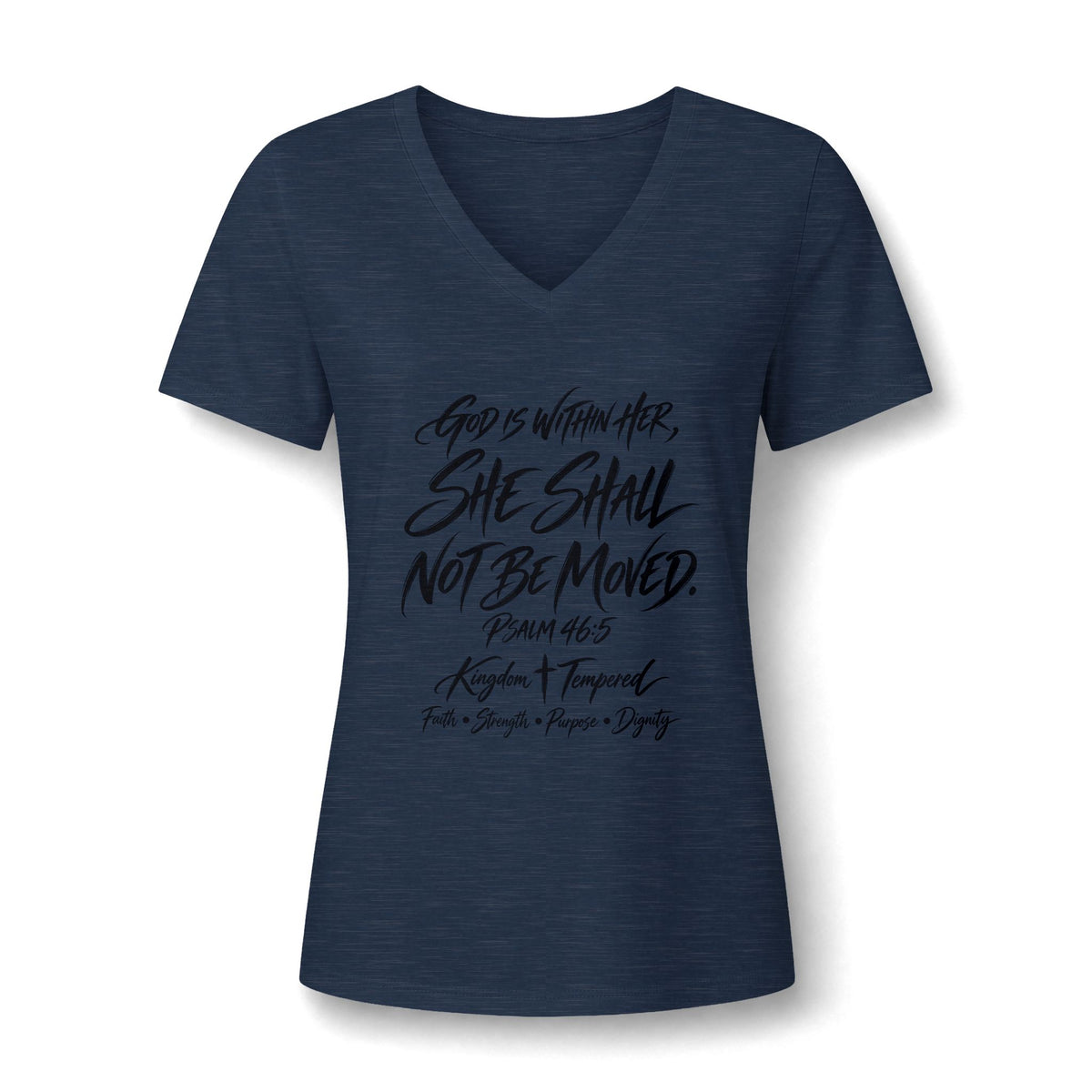 V-Neck Tee — "She Shall Not Be Moved" Inspirational Christian Scripture Shirt
