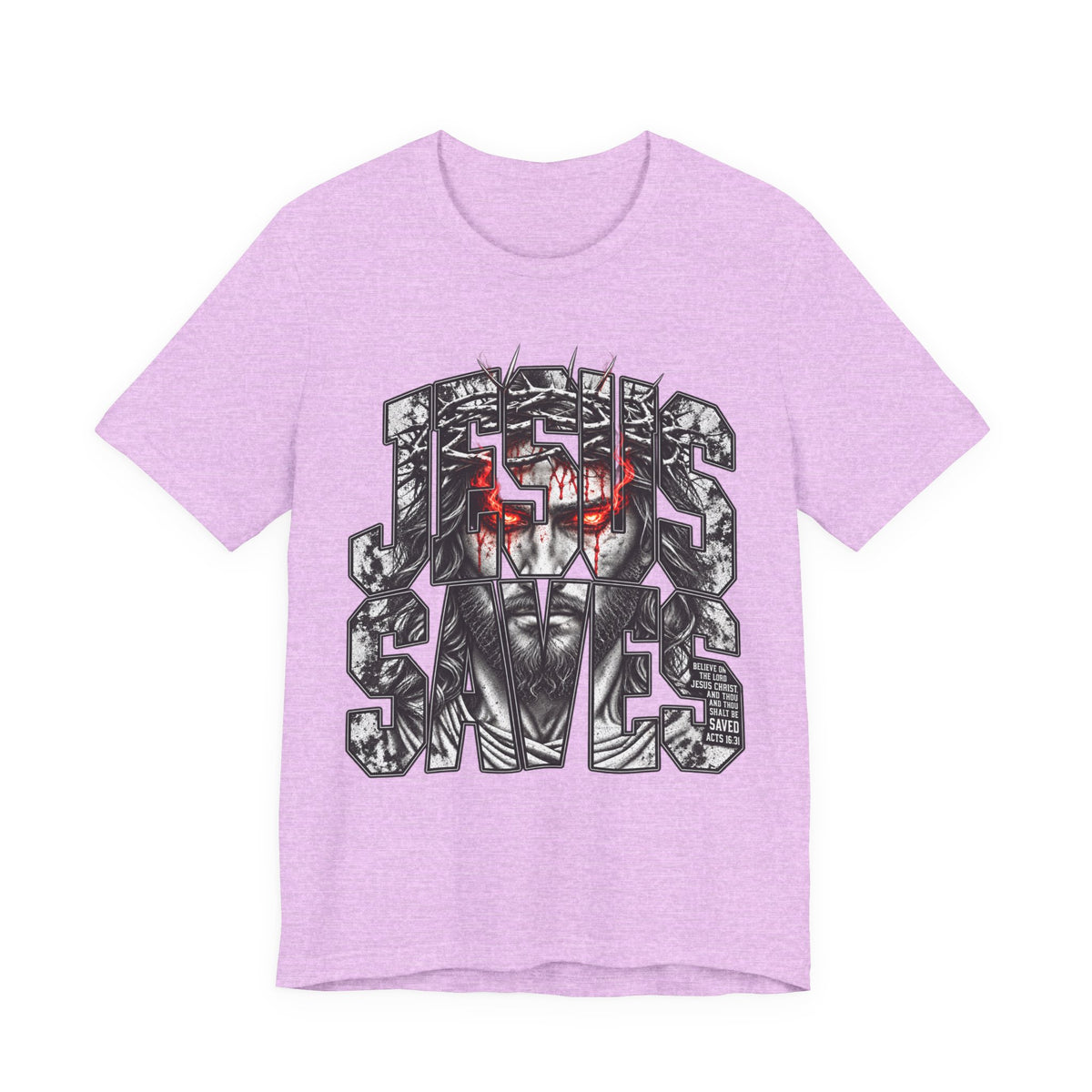 Jesus Saves Graphic Tee — Gothic Jesus Face Typography T-Shirt