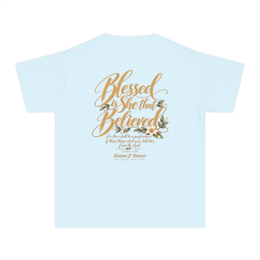 Youth Tee — "Blessed Is She That Believed" Inspirational Christian Kids Shirt