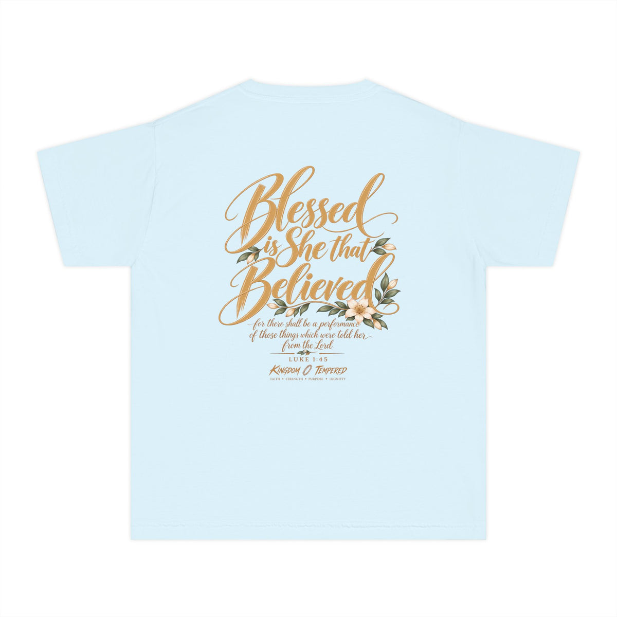 Youth Tee — "Blessed Is She That Believed" Inspirational Christian Kids Shirt