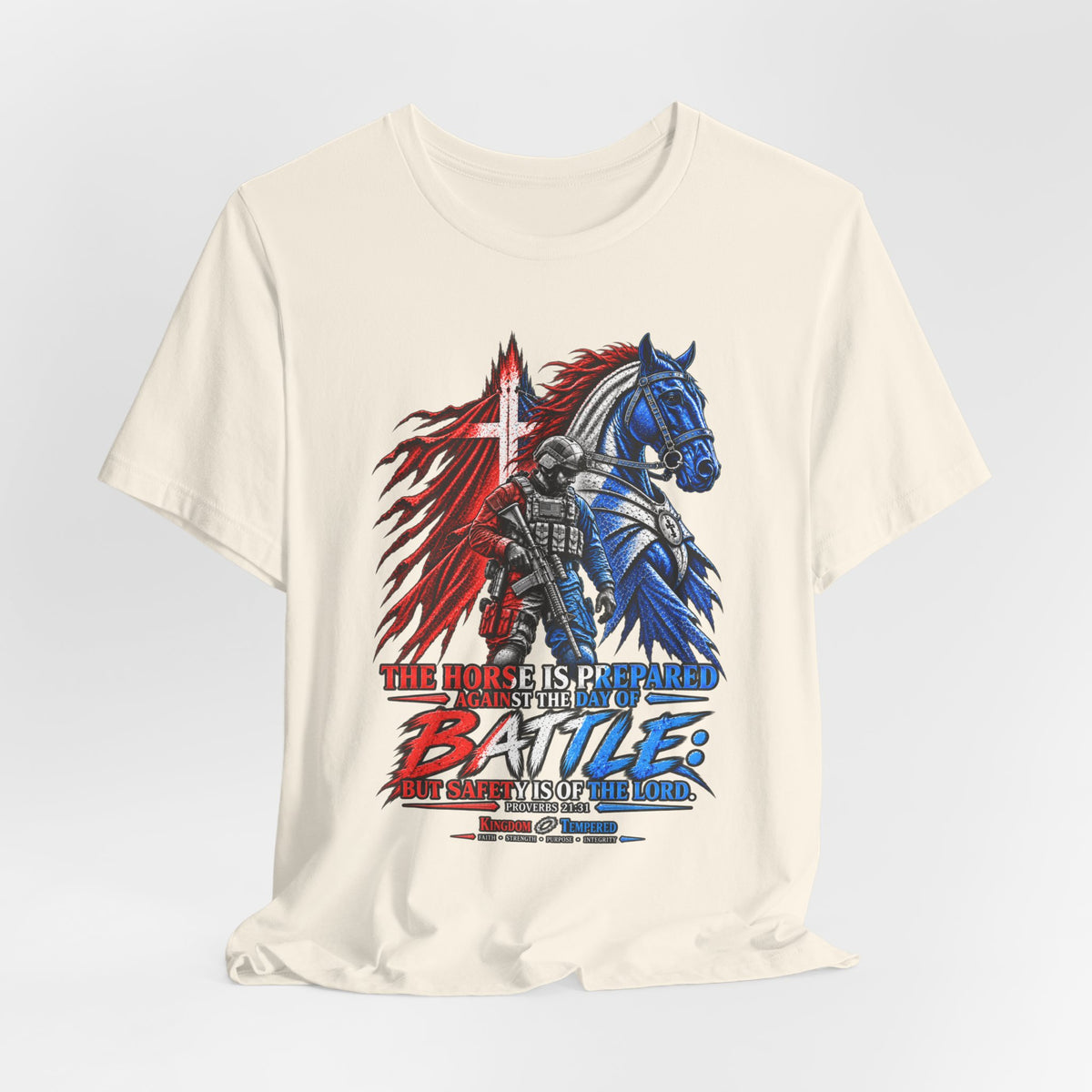 Battle Knight Tee — Patriotic Red & Blue Knight Horse Graphic T-Shirt