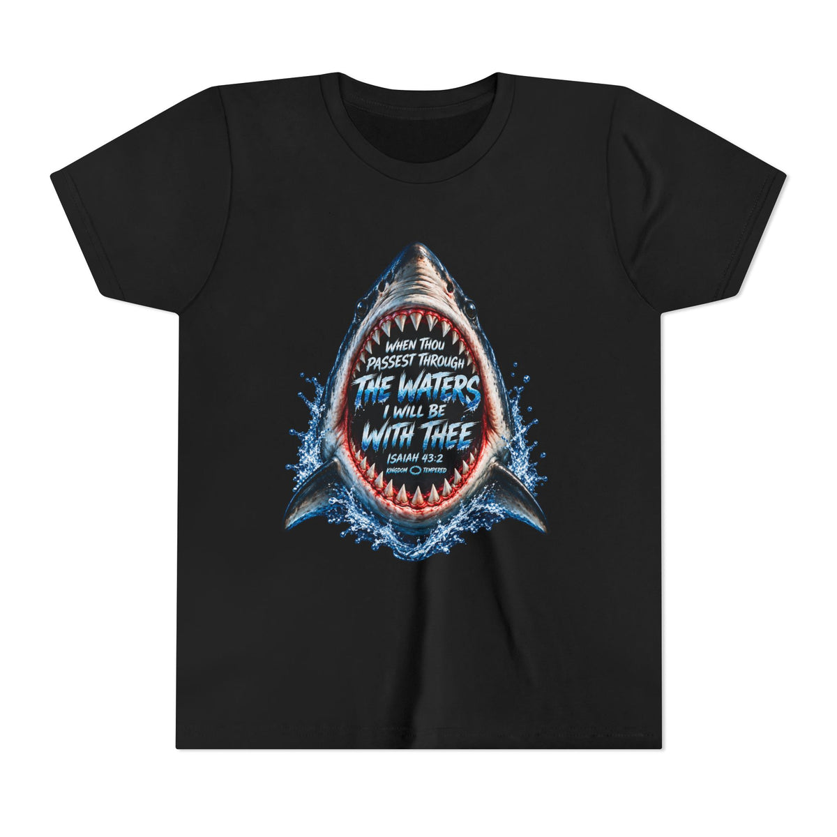 Youth Tee — Shark Graphic "When You Pass Through the Waters I Will Be With Thee" Bible Verse