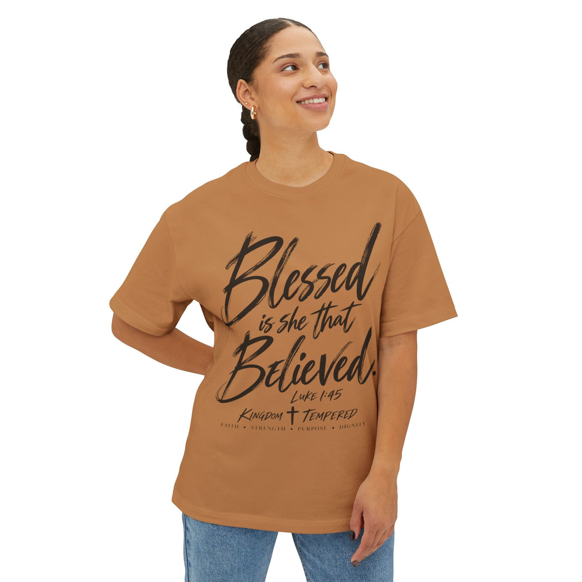 Blessed Is She That Believed Tee — Inspirational Christian Scripture Shirt (Luke 1:45)