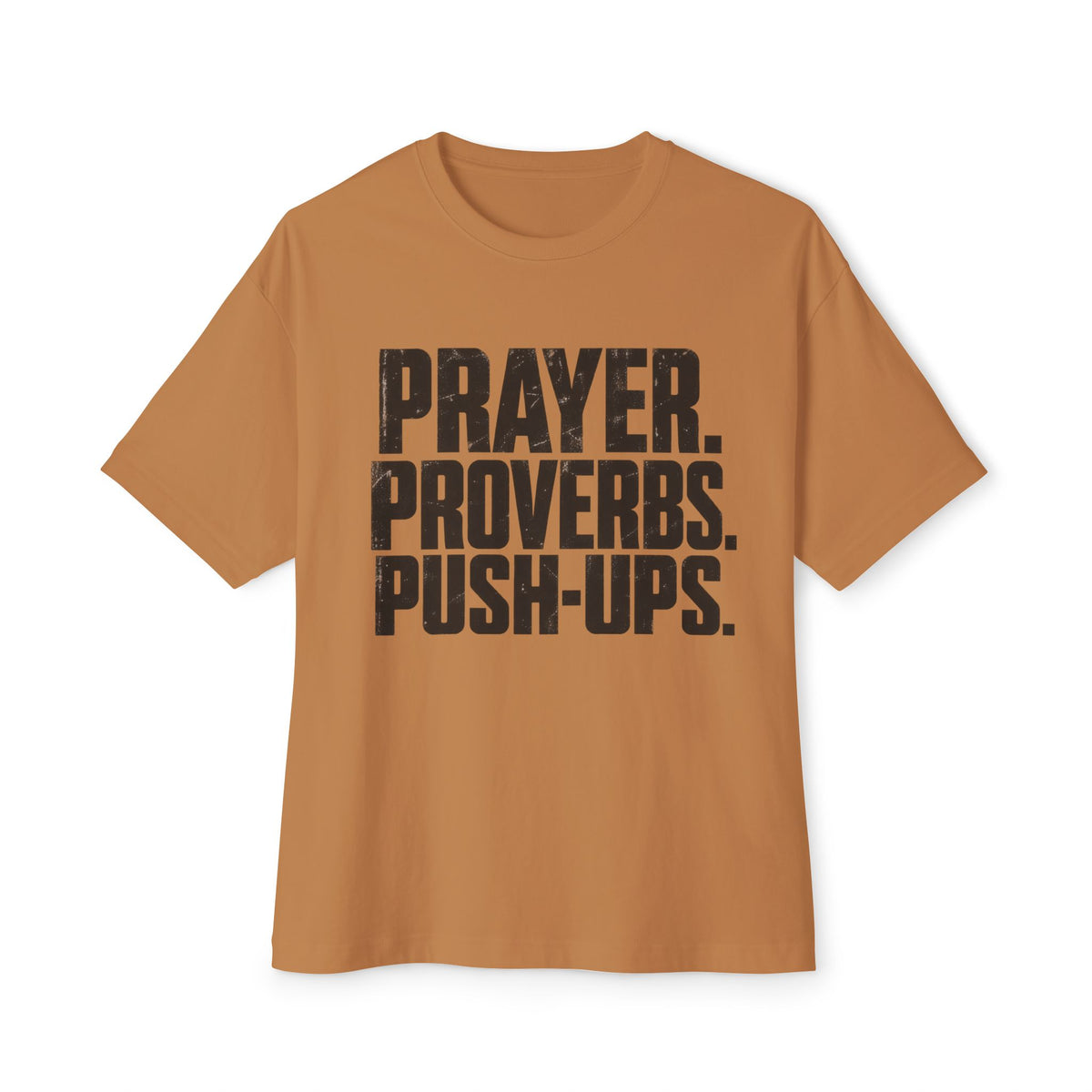 Prayer. Proverbs. Push-Ups. Oversized boxy Tee — Christian Faith & Fitness Graphic T-Shirt