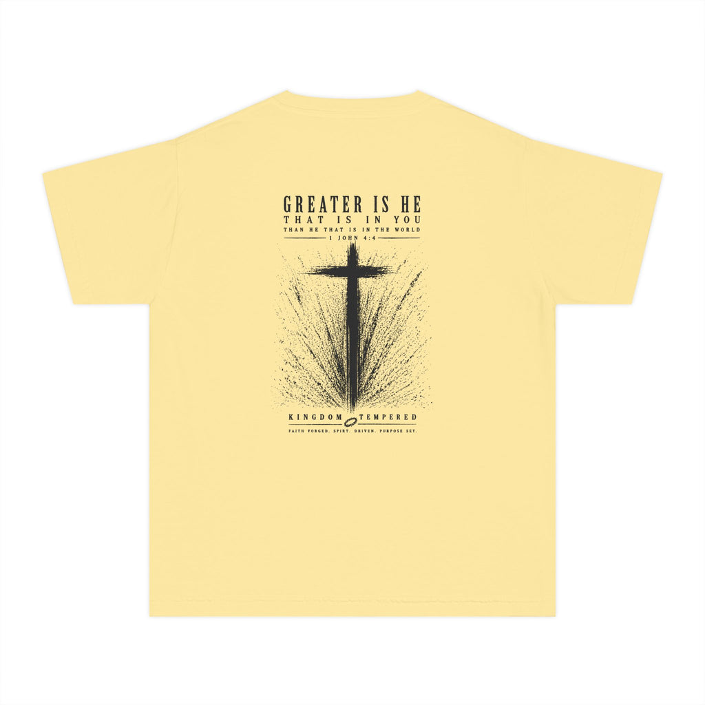 Youth Christian Cross Tee — "Greater Is He" Inspirational Church Shirt