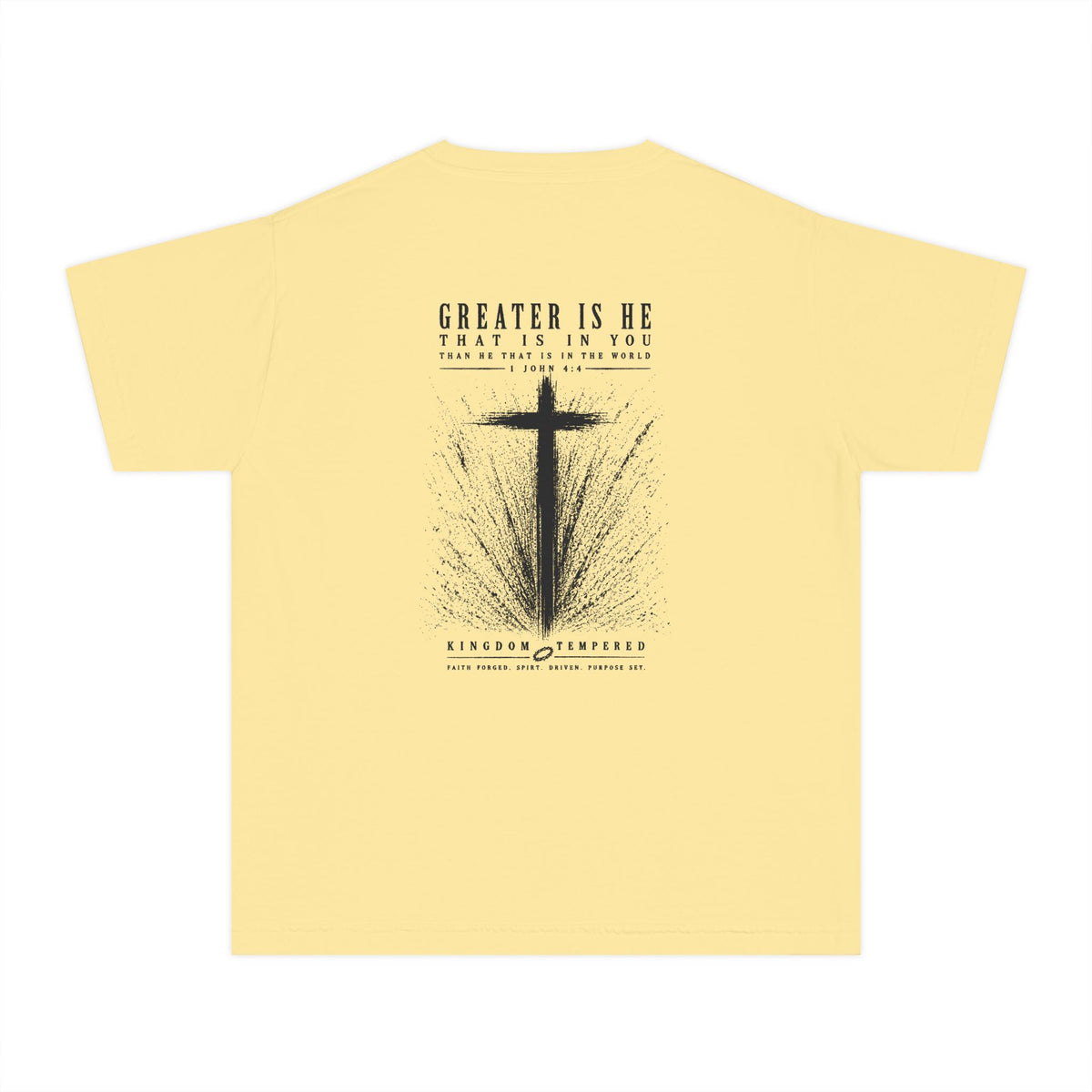 Youth Christian Cross Tee — "Greater Is He" Inspirational Church Shirt