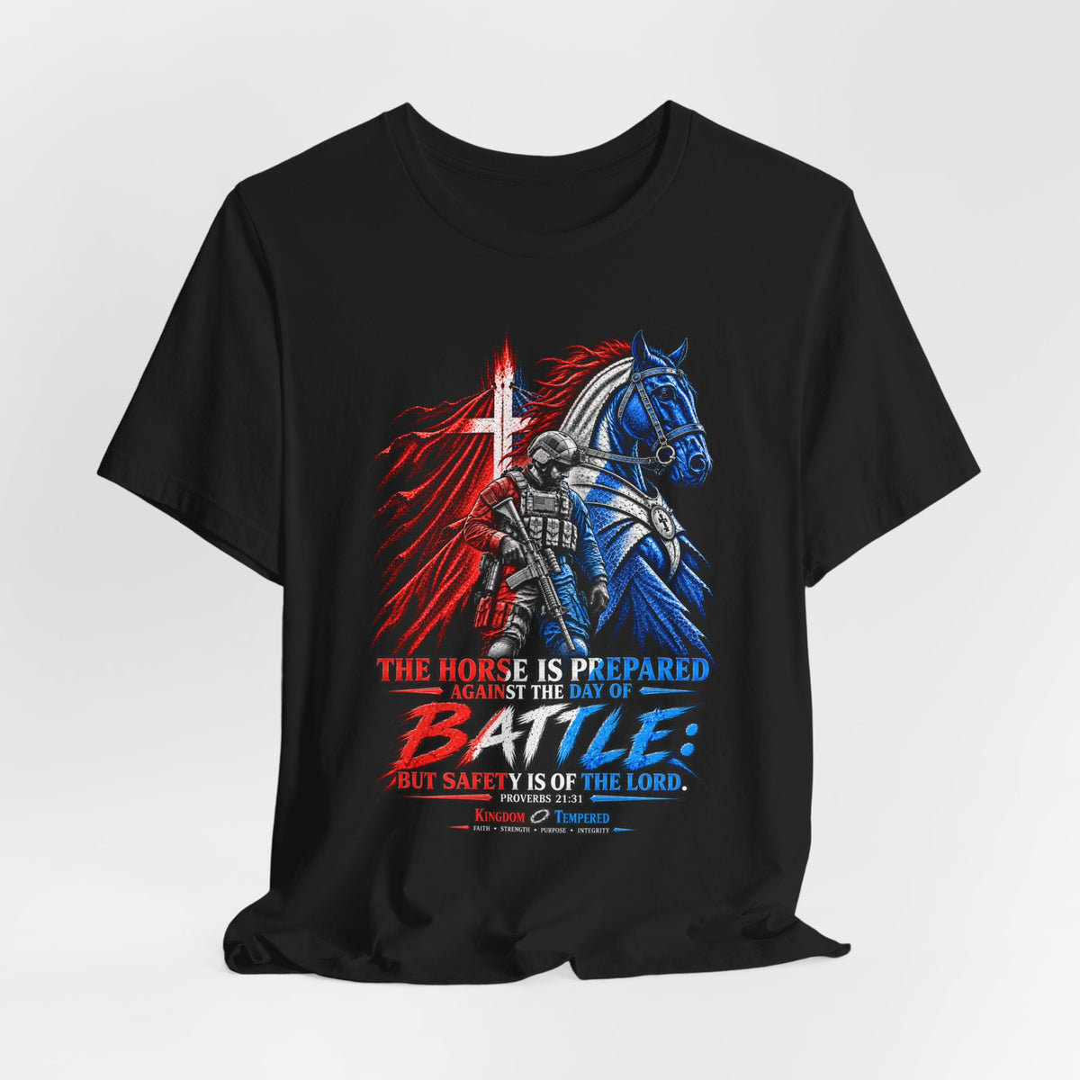 Battle Knight Tee — Patriotic Red & Blue Knight Horse Graphic T-Shirt