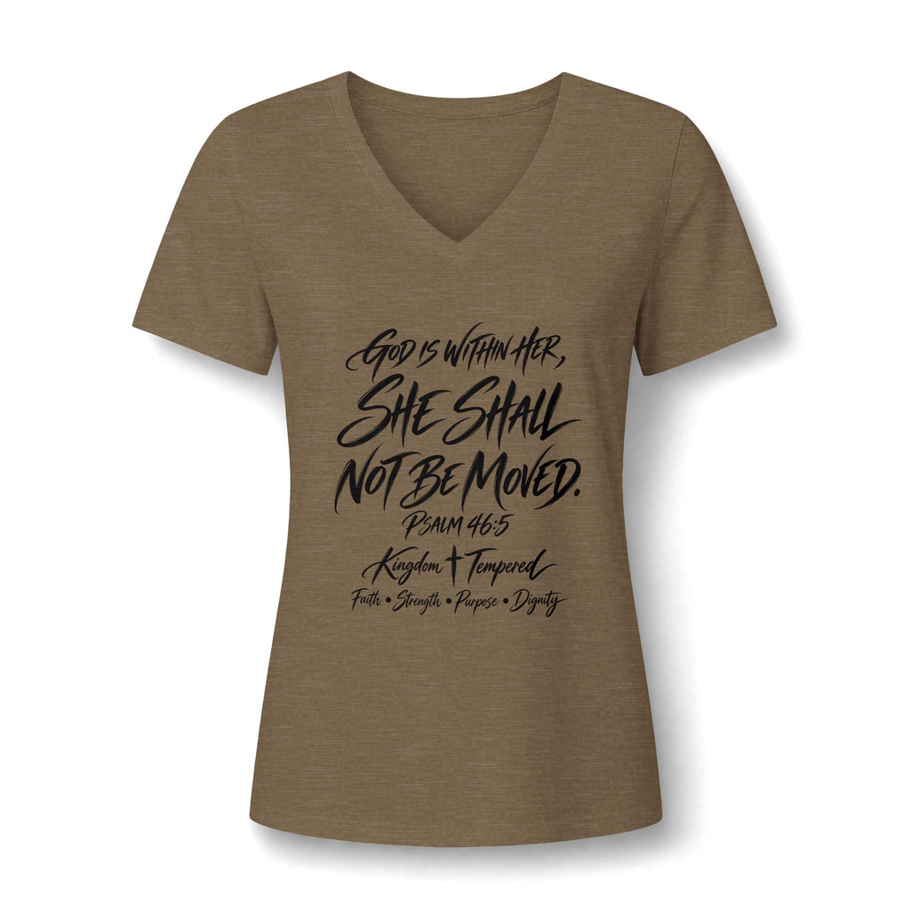 V-Neck Tee — "She Shall Not Be Moved" Inspirational Christian Scripture Shirt