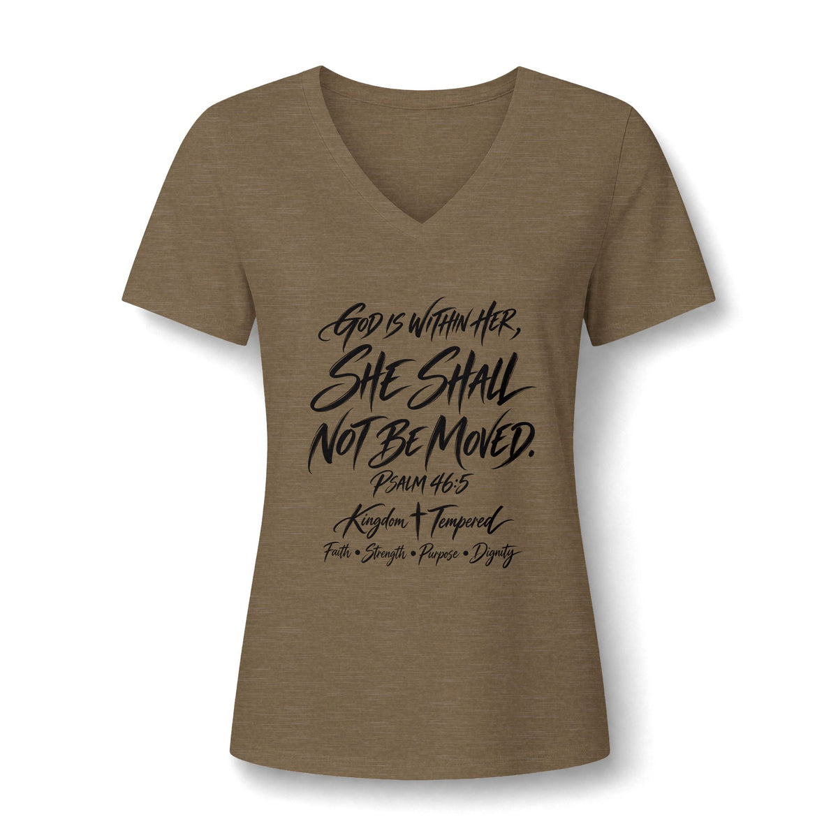 V-Neck Tee — "She Shall Not Be Moved" Inspirational Christian Scripture Shirt