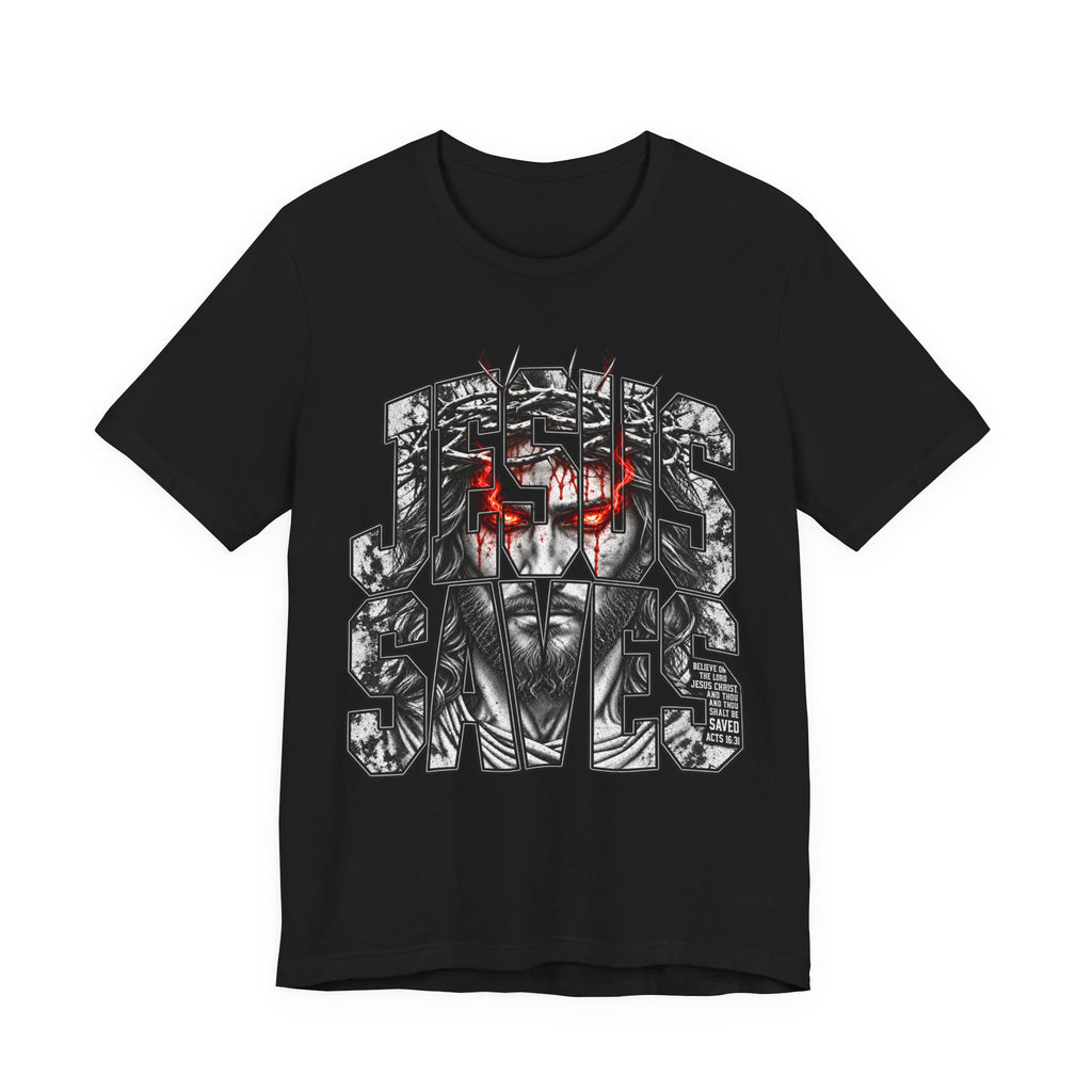 Jesus Saves Graphic Tee — Gothic Jesus Face Typography T-Shirt