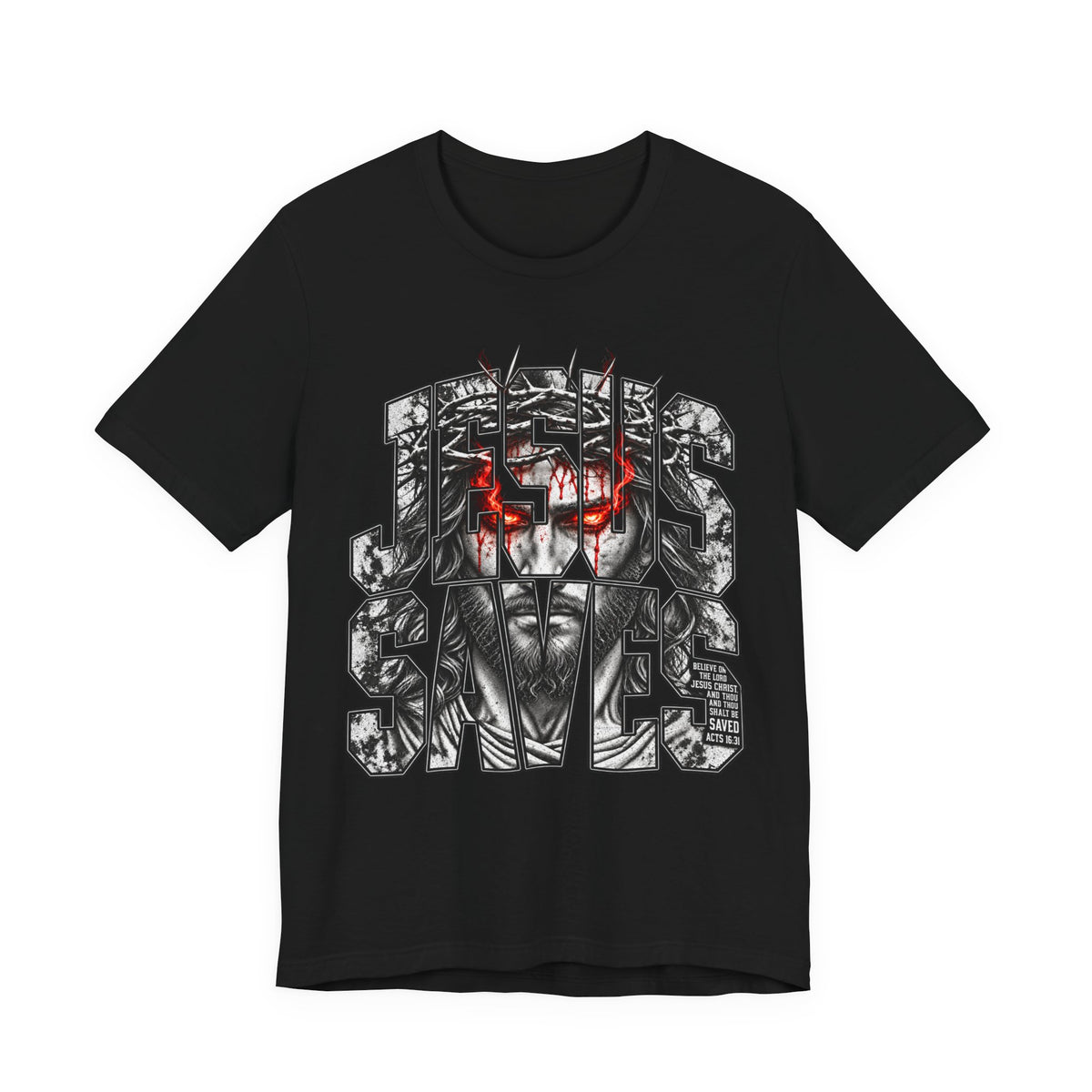 Jesus Saves Graphic Tee — Gothic Jesus Face Typography T-Shirt