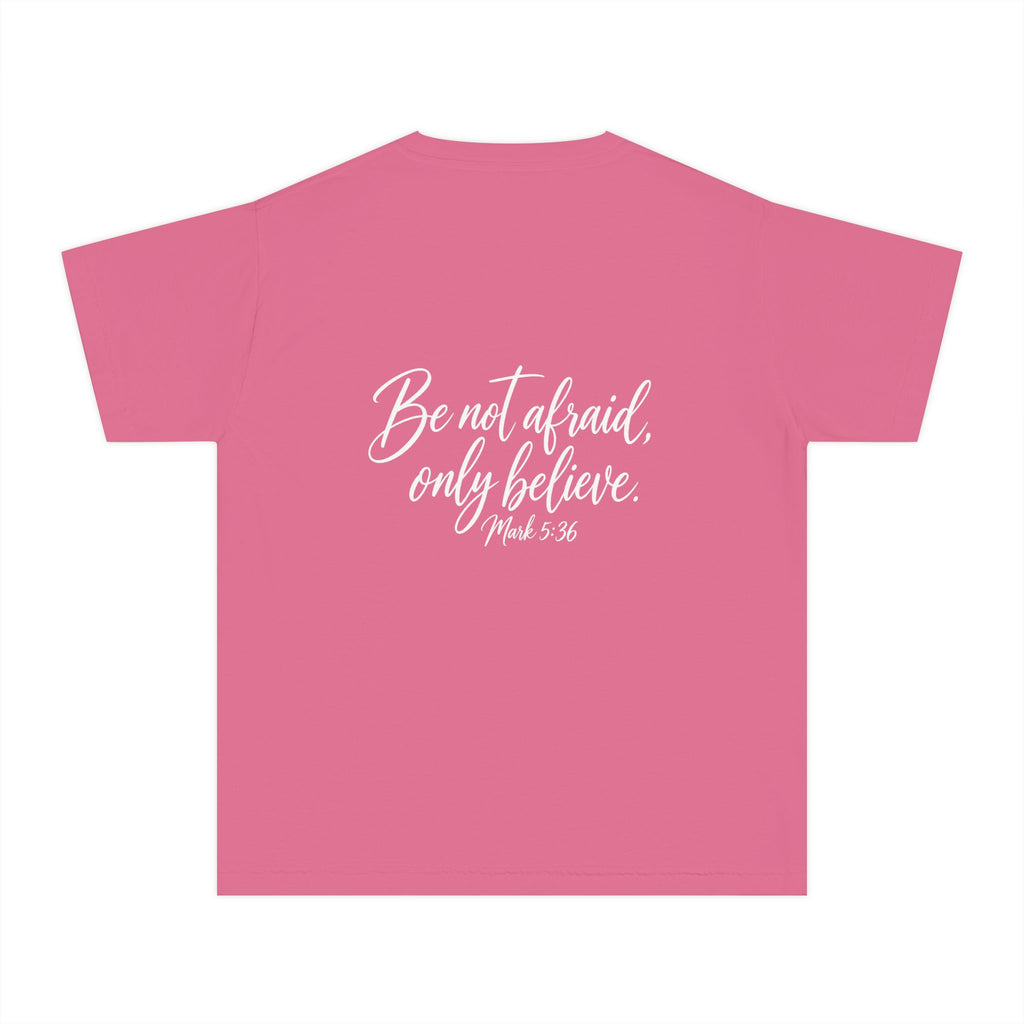 Faith Over Fear Youth Tee White lettering — Inspirational Christian Kids T‑Shirt (Be Not Afraid, Only Believe)