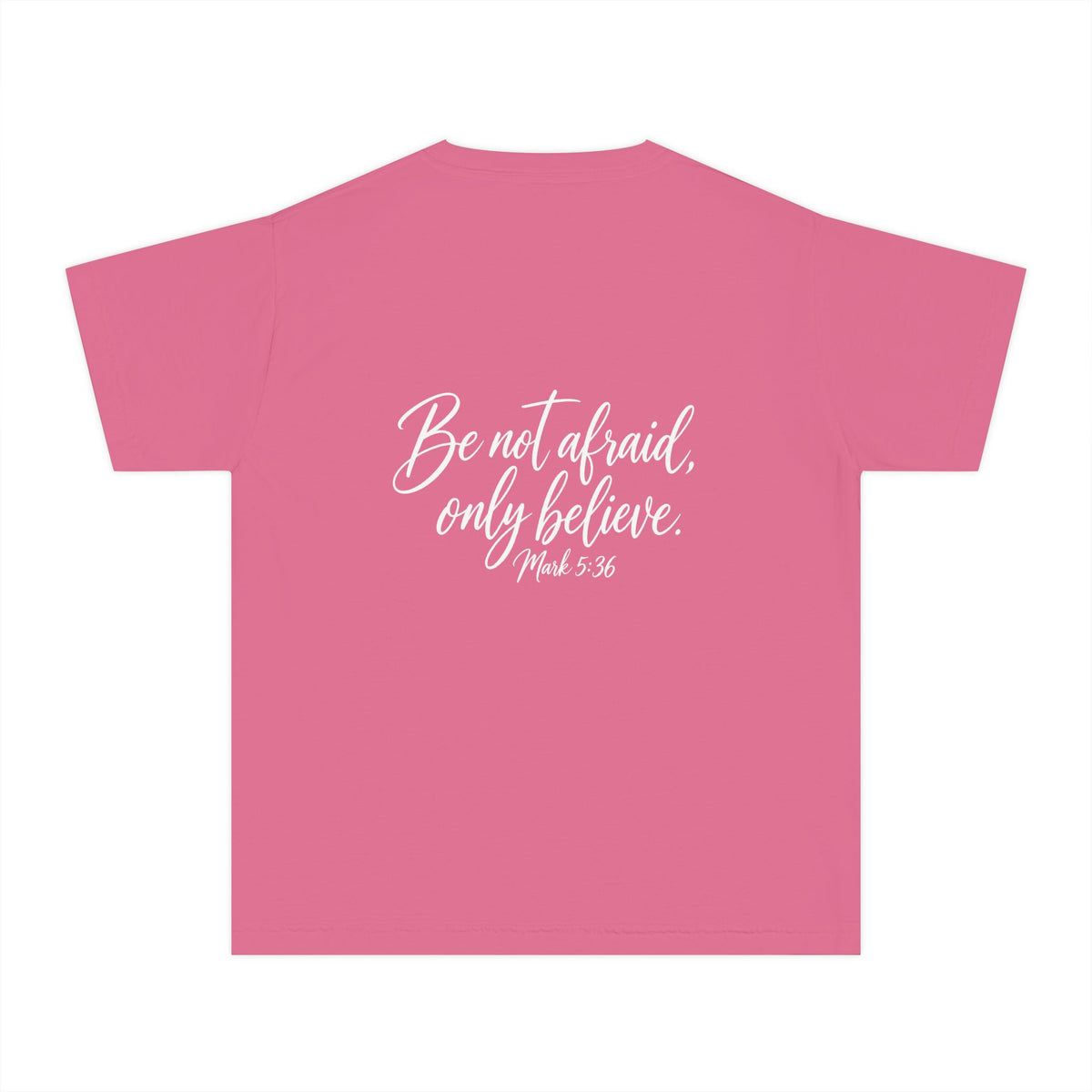 Faith Over Fear Youth Tee White lettering — Inspirational Christian Kids T‑Shirt (Be Not Afraid, Only Believe)