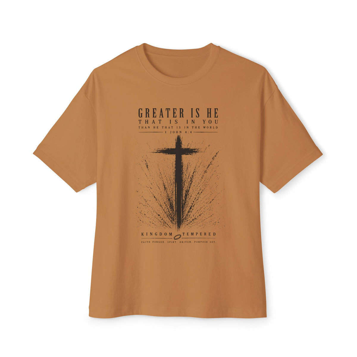 Christian Cross Tee — “Greater Is He” Inspirational Faith T-Shirt