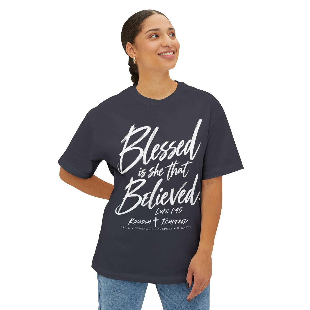 Blessed Is She That Believed Tee — Inspirational Christian Scripture Shirt (Luke 1:45)