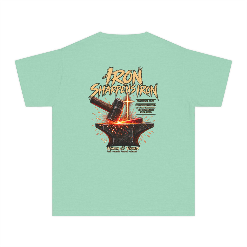 Youth Tee — "Iron Sharpens Iron" Christian Anvil Graphic Shirt