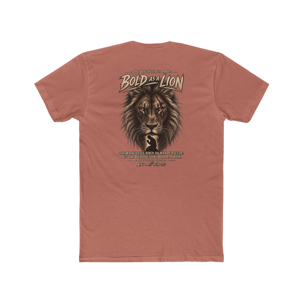 Lion Graphic Tee — "Bold as a Lion" Inspirational Christian Tee (Kingdom-Tempered) — Proverbs 28:1