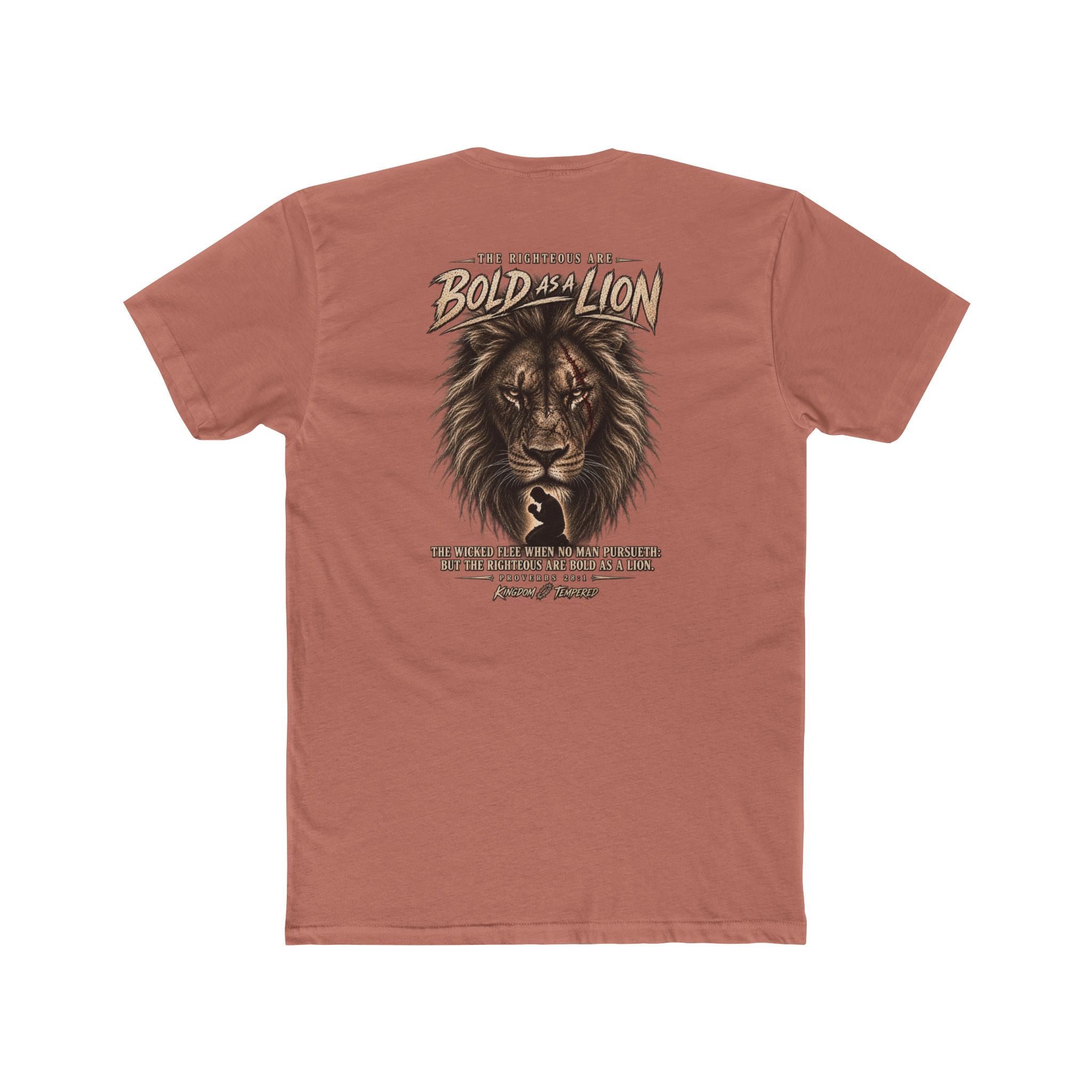 Lion Graphic Tee — "Bold as a Lion" Inspirational Christian Tee (Kingdom-Tempered) — Proverbs 28:1