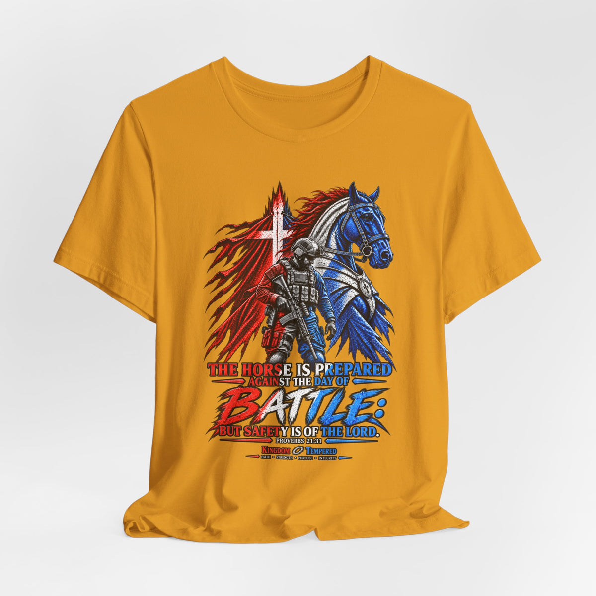 Battle Knight Tee — Patriotic Red & Blue Knight Horse Graphic T-Shirt