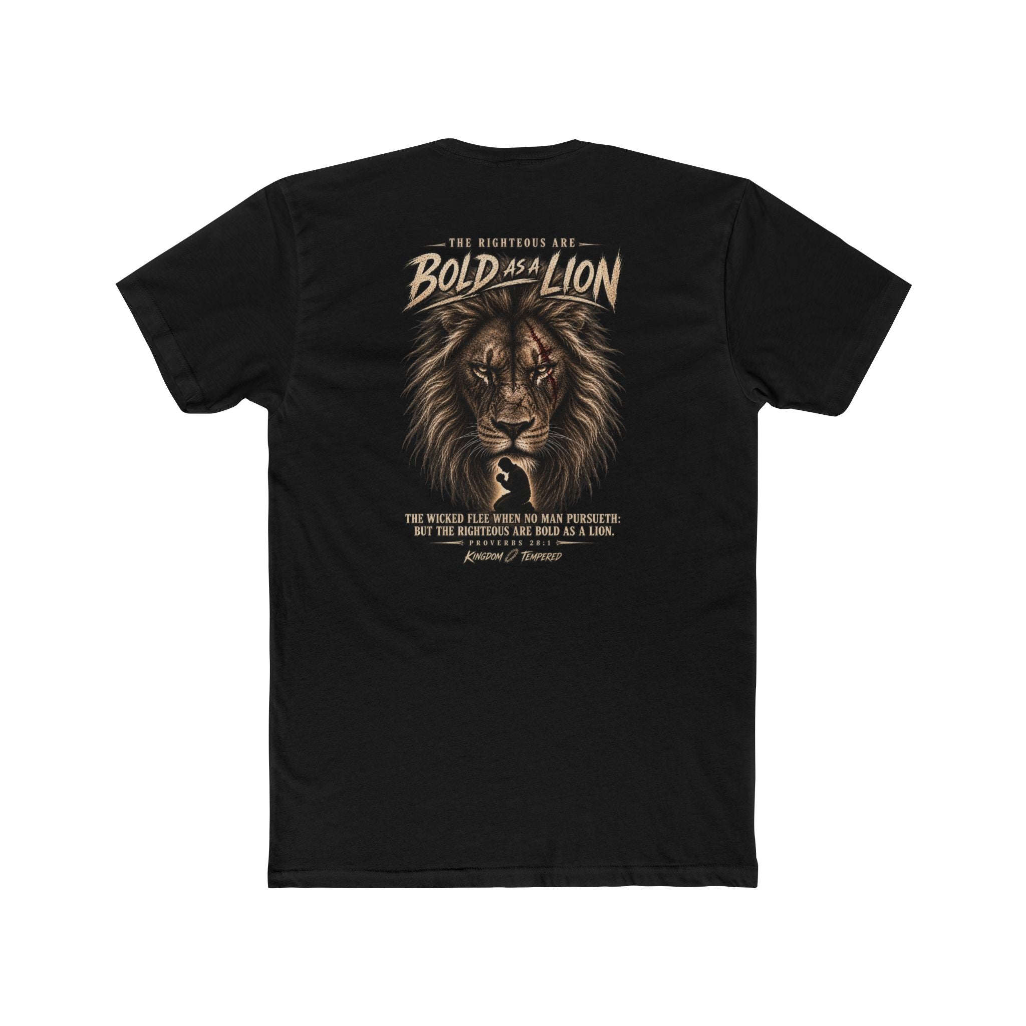Lion Graphic Tee — "Bold as a Lion" Inspirational Christian Tee (Kingdom-Tempered) — Proverbs 28:1
